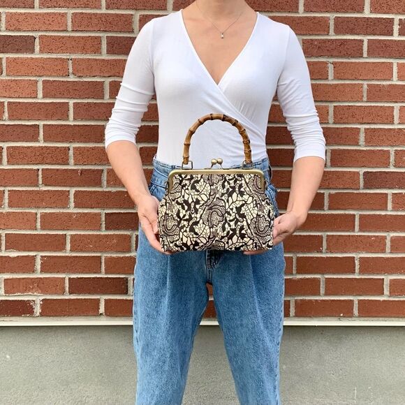 Chic Handmade Real hair-on-horsehide Black Lace Printed, Bamboo Handle Bag - Picture 2 of 16